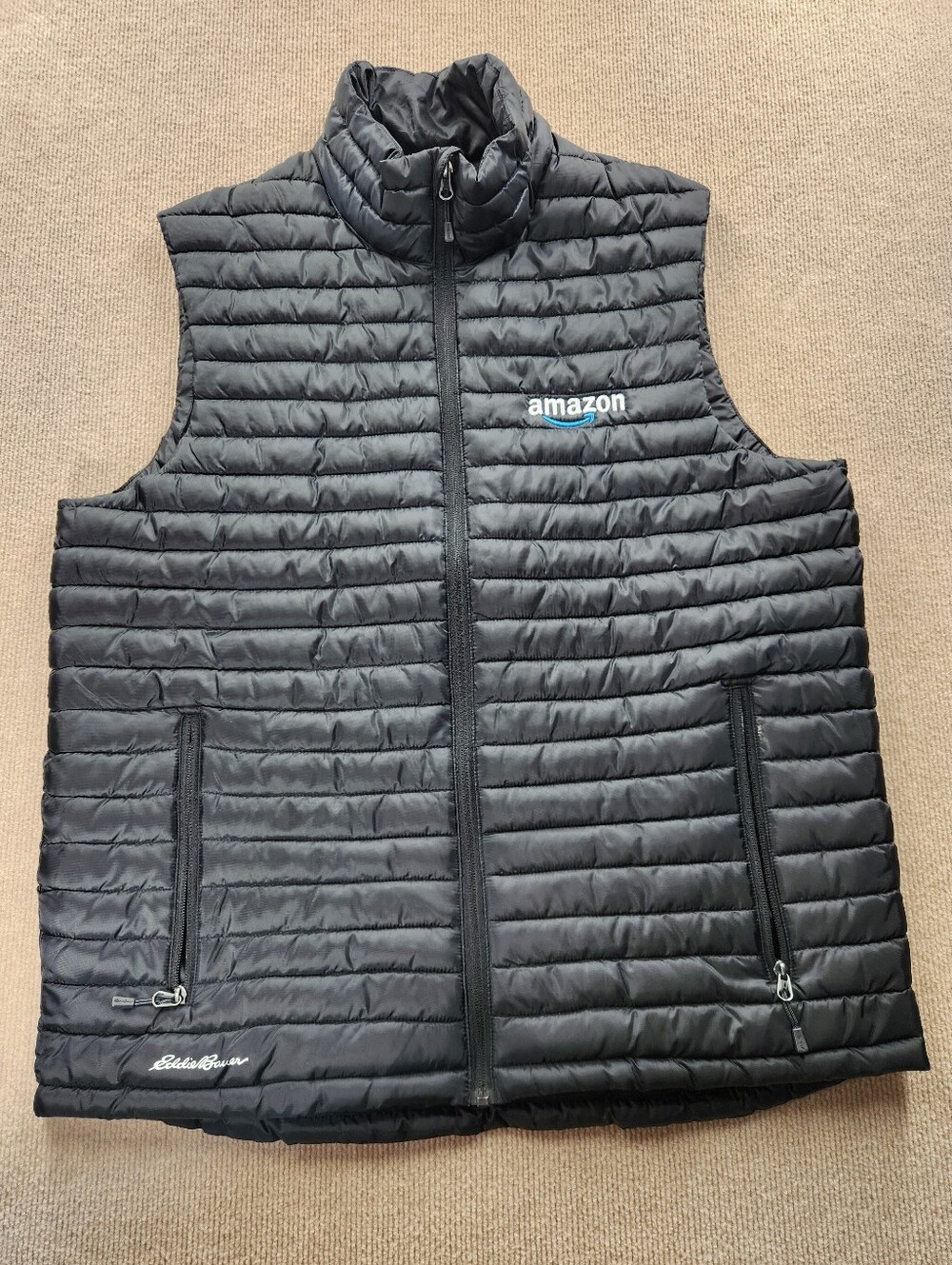 Eddie Bauer Men’s XL Black Amazon Logo Full Zip Puffer Vest Uniform